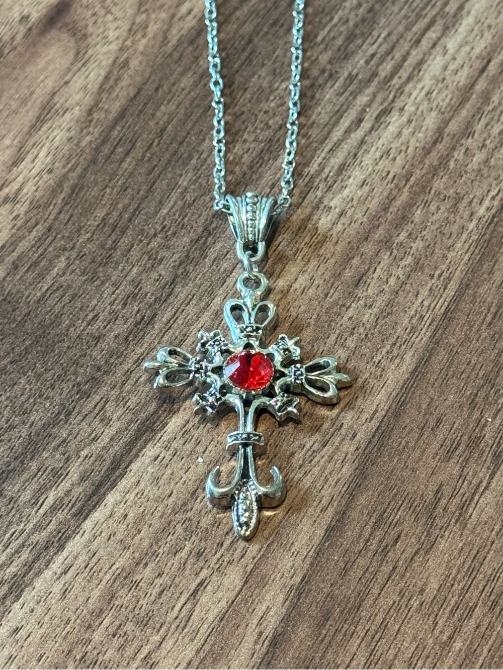 Hot Topic Silver-Tone Cross Necklace with Red Gem